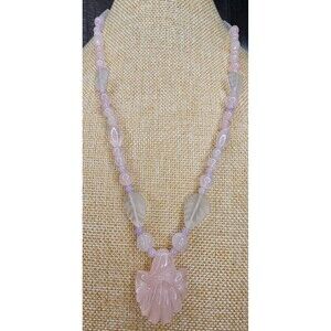 Pink Jade Carved Lily Pendant and Beaded Necklace 24"L